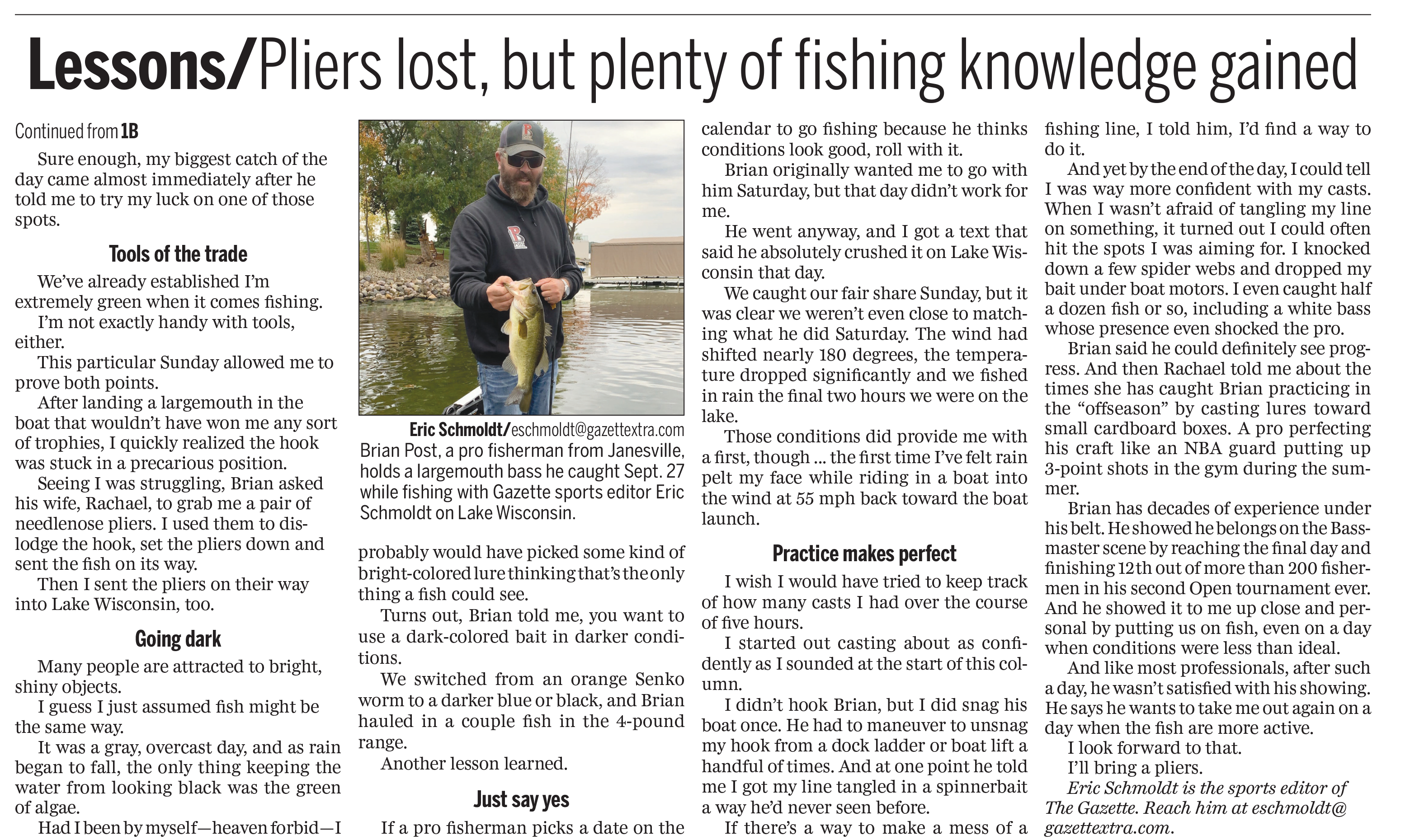 B. Post Fishing | Schmoldt: Lessons abound--and pliers lost--with pro bass fisherman Post on Lake Wisconsin